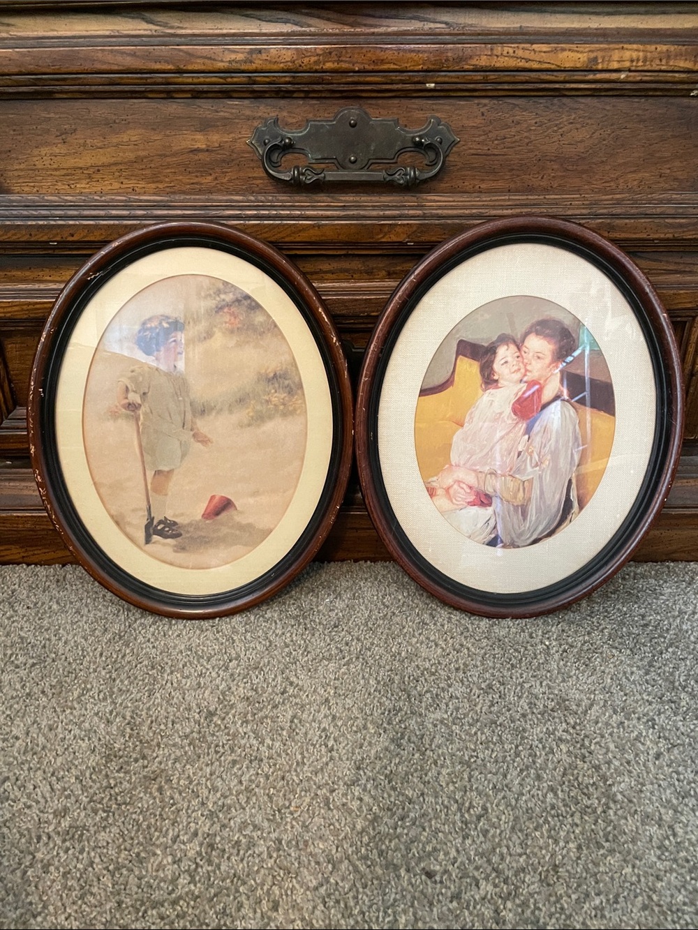 Classic Vintage Prints Antique Paintings Oval Wood Wall Art Pair in Brown